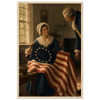 Framed print of Betsy Ross sewing the first American flag, ready to hang.