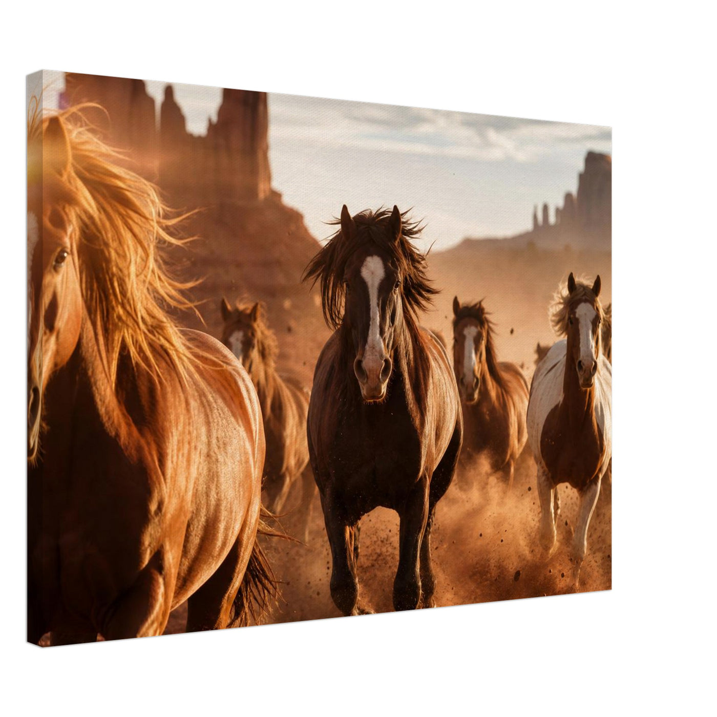 Canvas print of a wild mustang herd galloping — room view, ready to hang.
