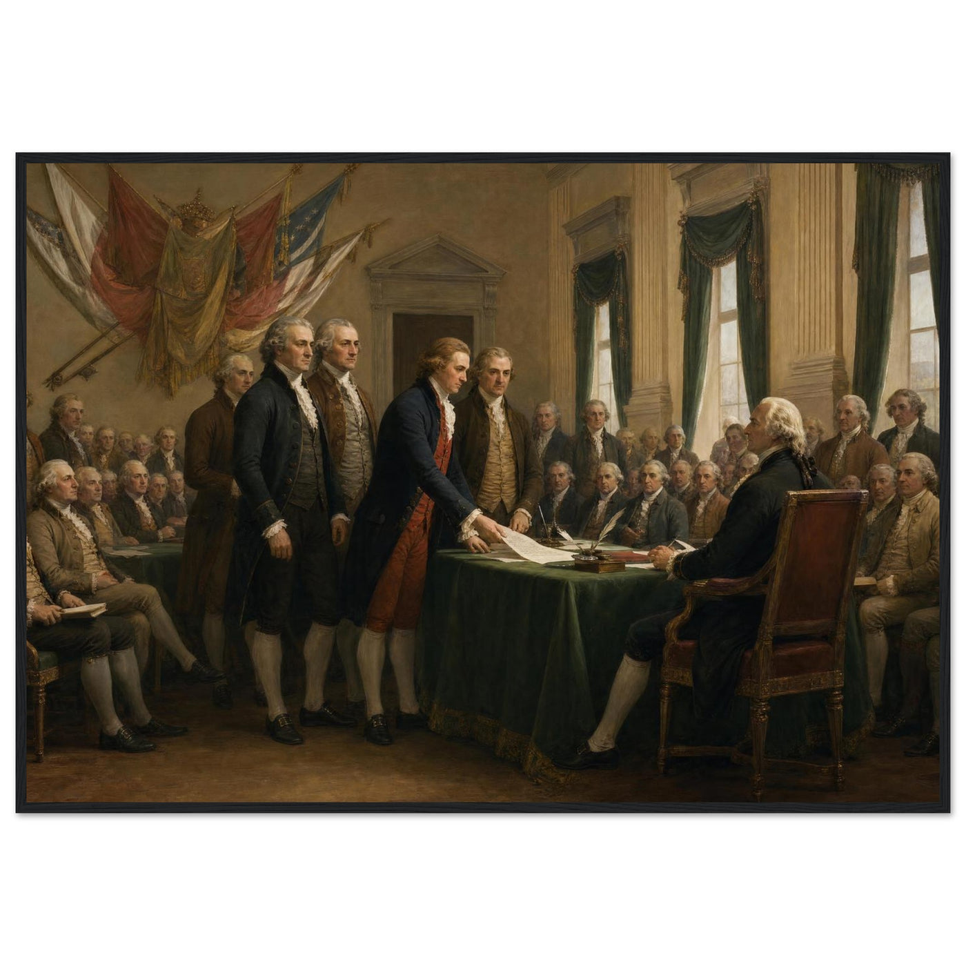 Wooden framed print of the signing of the Declaration — room view, ready to hang.