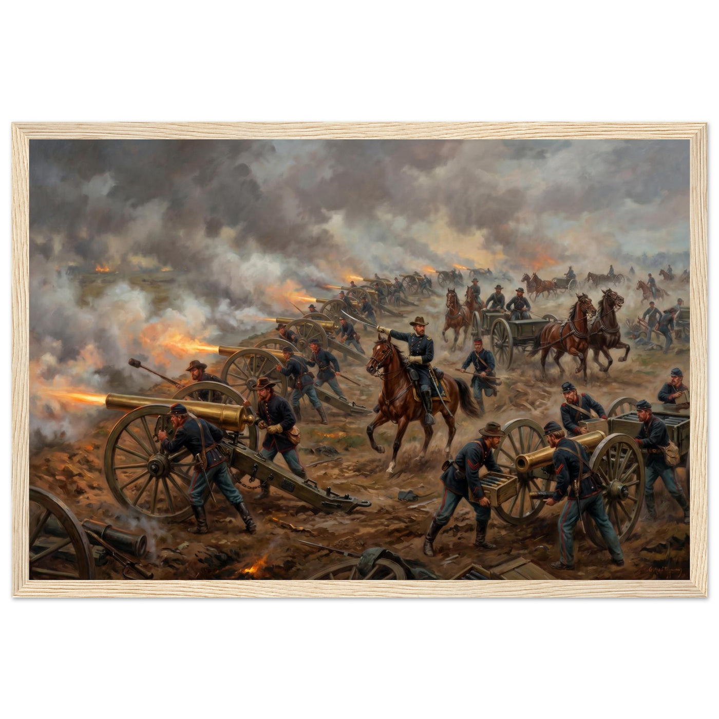 Framed art print of a Civil War artillery line firing amid smoke, cavalry and flags beyond, in a solid wood frame.