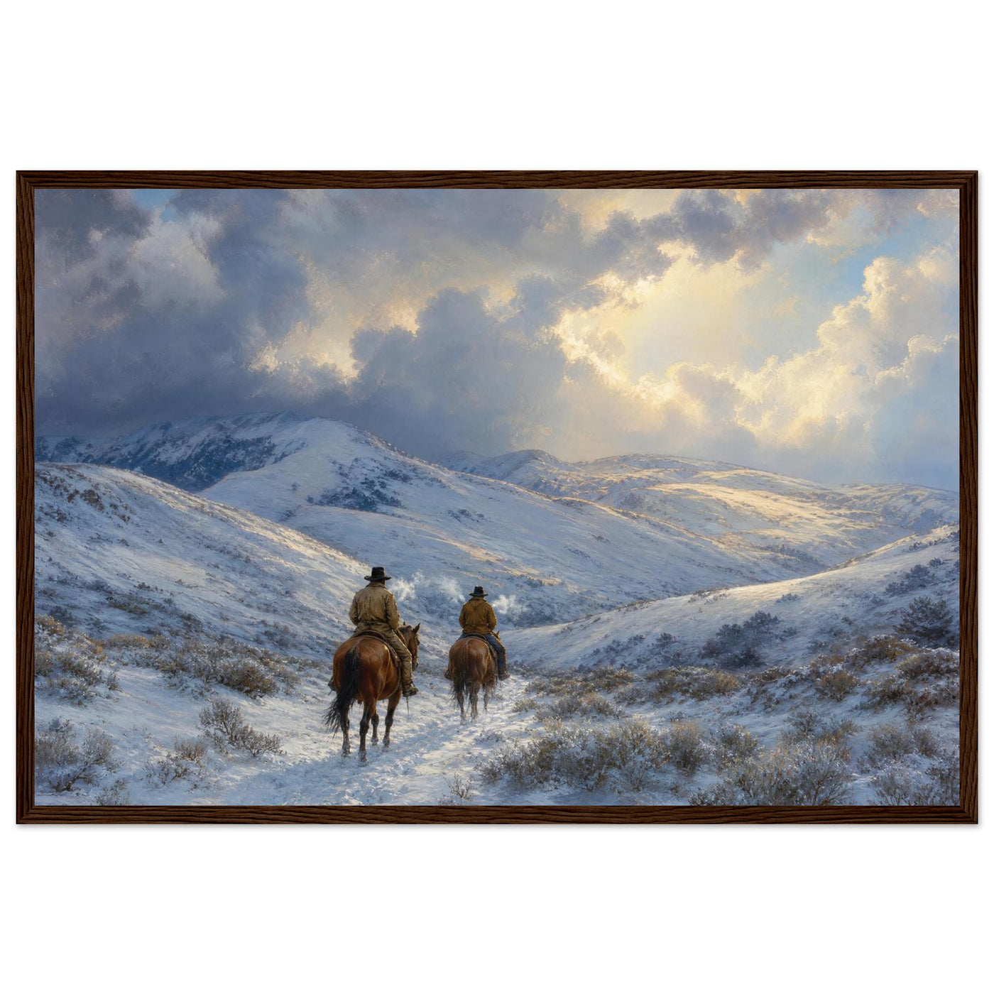 Framed panoramic art print of two riders on horseback crossing a snowy winter trail, in a solid wood frame.