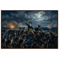 Framed print of the night storming of the redoubt at Yorktown, ready to hang.