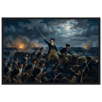 Framed print of the night storming of the redoubt at Yorktown, ready to hang.