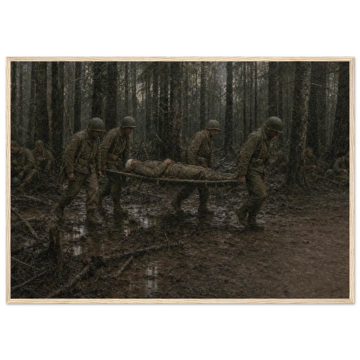 The Hurtgen Forest — framed fine art print of soldiers carrying a stretcher through woods, 12x18″ in a natural wood frame