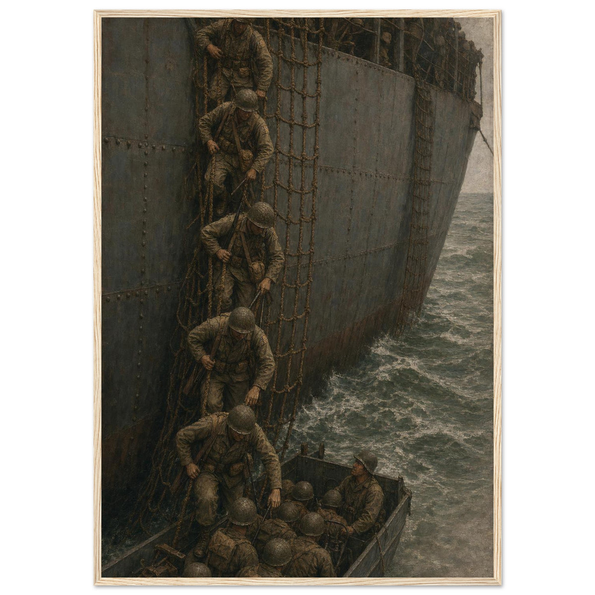 Down the Scramble Nets — framed print of troops climbing a cargo net into a landing craft, 12x18″ in a natural wood frame