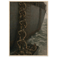 Down the Scramble Nets — framed print of troops climbing a cargo net into a landing craft, 12x18″ in a natural wood frame