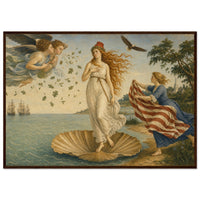 The Birth of Columbia — framed fine art print of Columbia on a scallop shell at the shore, an attendant holding out a striped cloak, in a dark wood frame