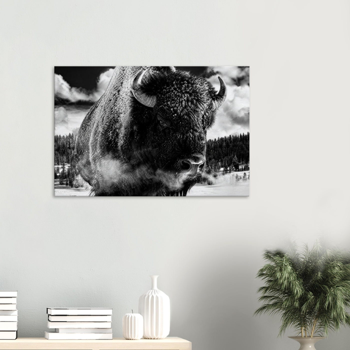 Canvas print of a winter bison in black and white — room view, ready to hang.