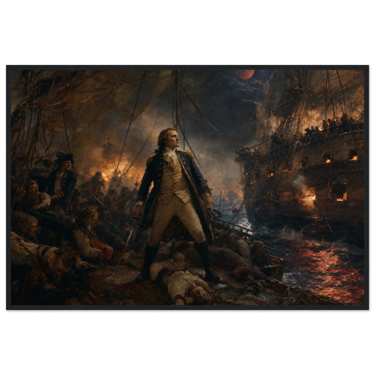 Battle at Sea — framed print of a Revolutionary-era naval officer standing on a burning ship deck among wounded sailors