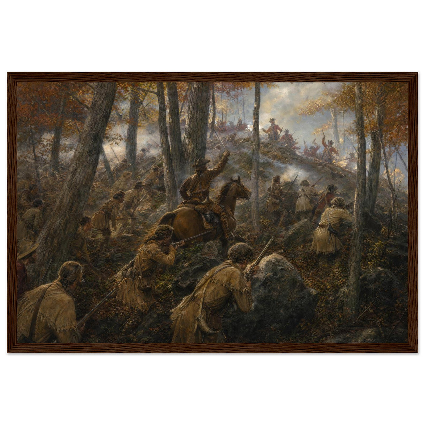 Framed print of a Revolutionary ambush in the northern woods, ready to hang.