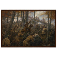 Framed print of a Revolutionary ambush in the northern woods, ready to hang.