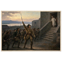 Framed art print of Union soldiers ascending the stone steps of a fort with the flag at dawn, in a solid wood frame.