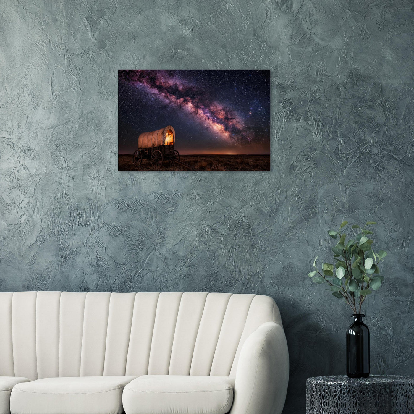 Canvas print of a wagon trail under the Milky Way — room view, ready to hang.