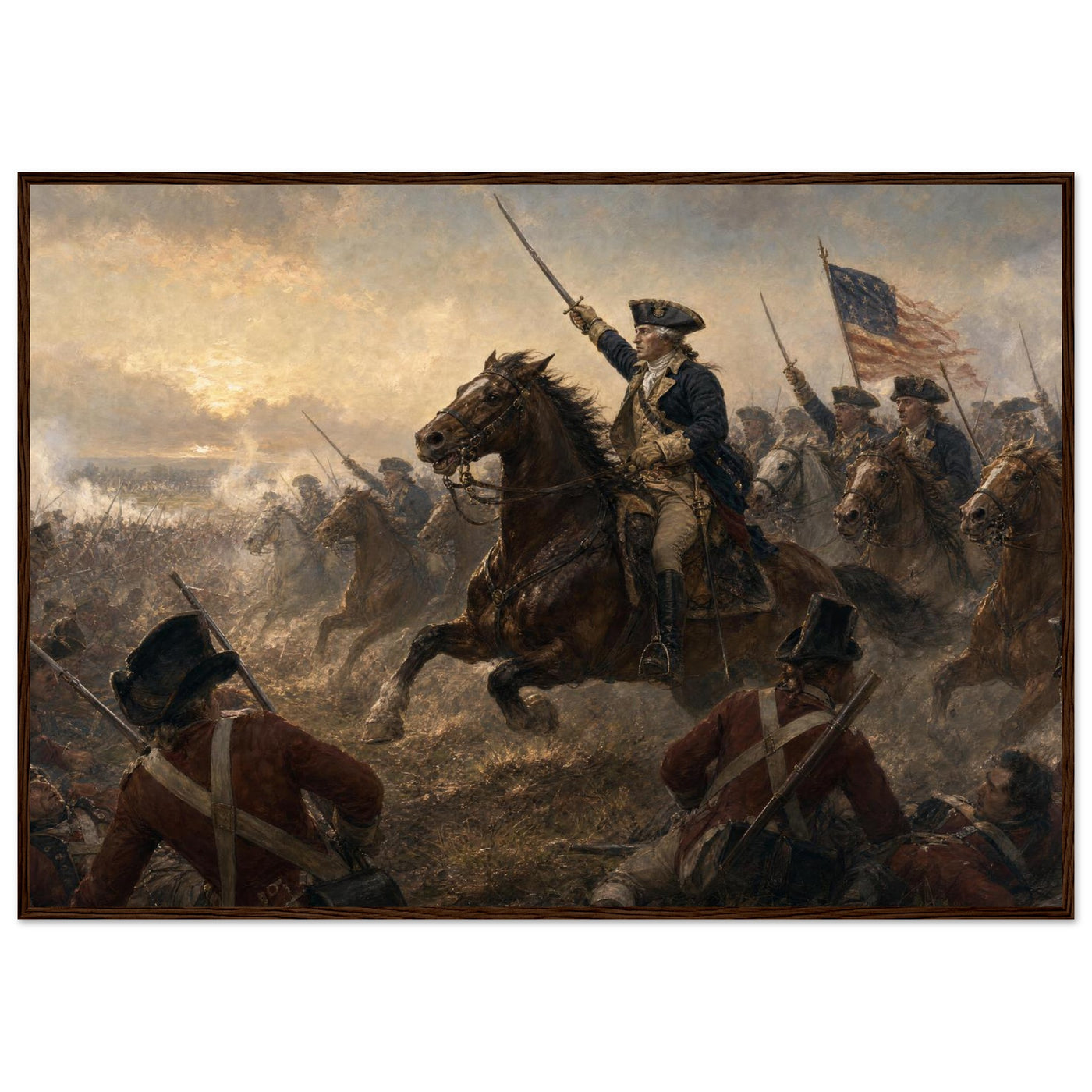 Framed print of a Revolutionary cavalry charge with the flag, ready to hang.