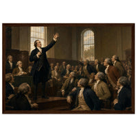 Framed art print of an impassioned orator with raised arm addressing a seated assembly, in a solid wood frame.