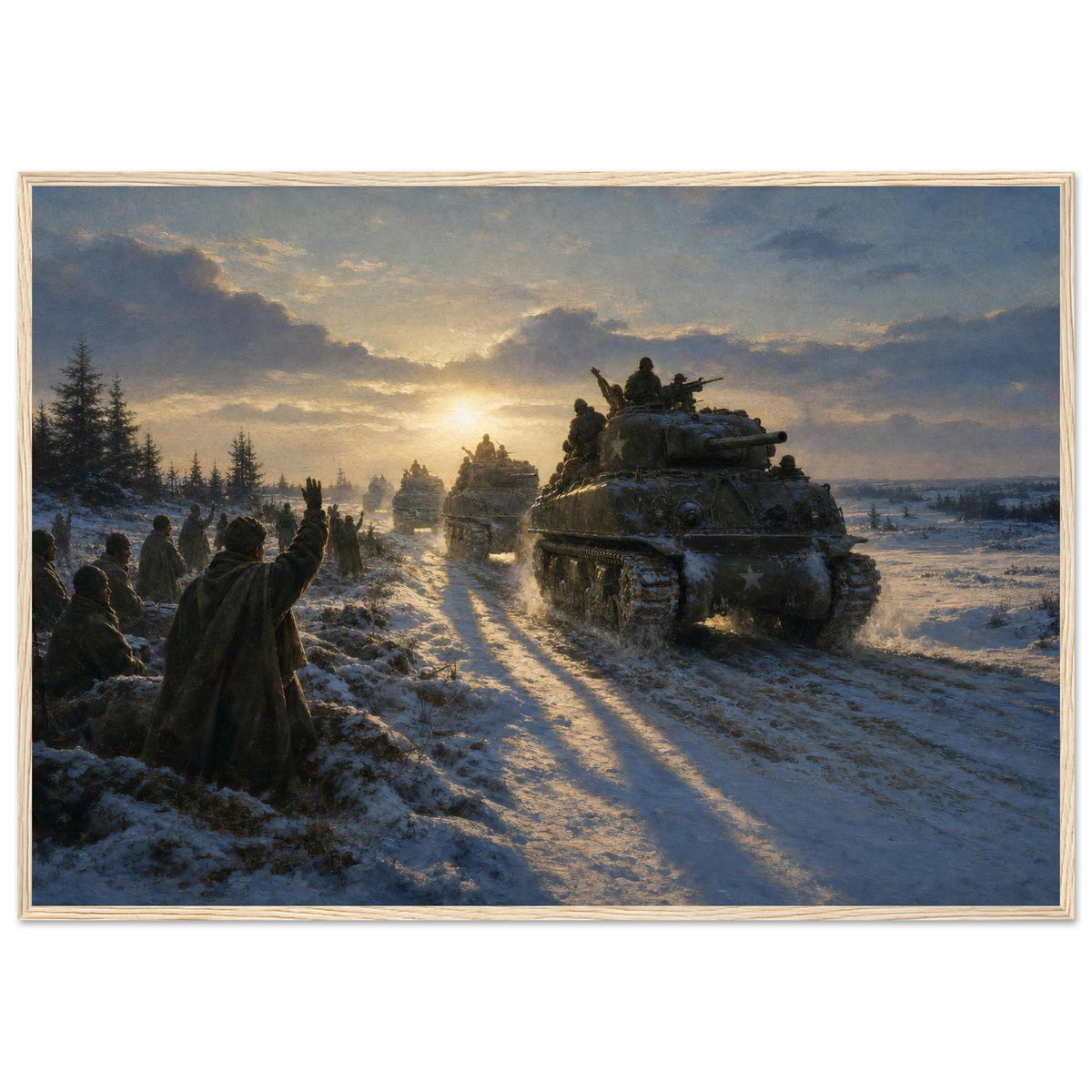 The Relief of Bastogne — framed print of Sherman tanks reaching paratroopers in the snow, 28x40″ in a natural wood frame