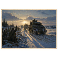 The Relief of Bastogne — framed print of Sherman tanks reaching paratroopers in the snow, 28x40″ in a natural wood frame