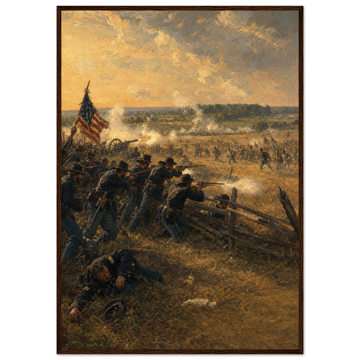 Gettysburg: The First Day — framed fine art print of infantry firing over a rail fence, 12x18″ in a dark wood frame