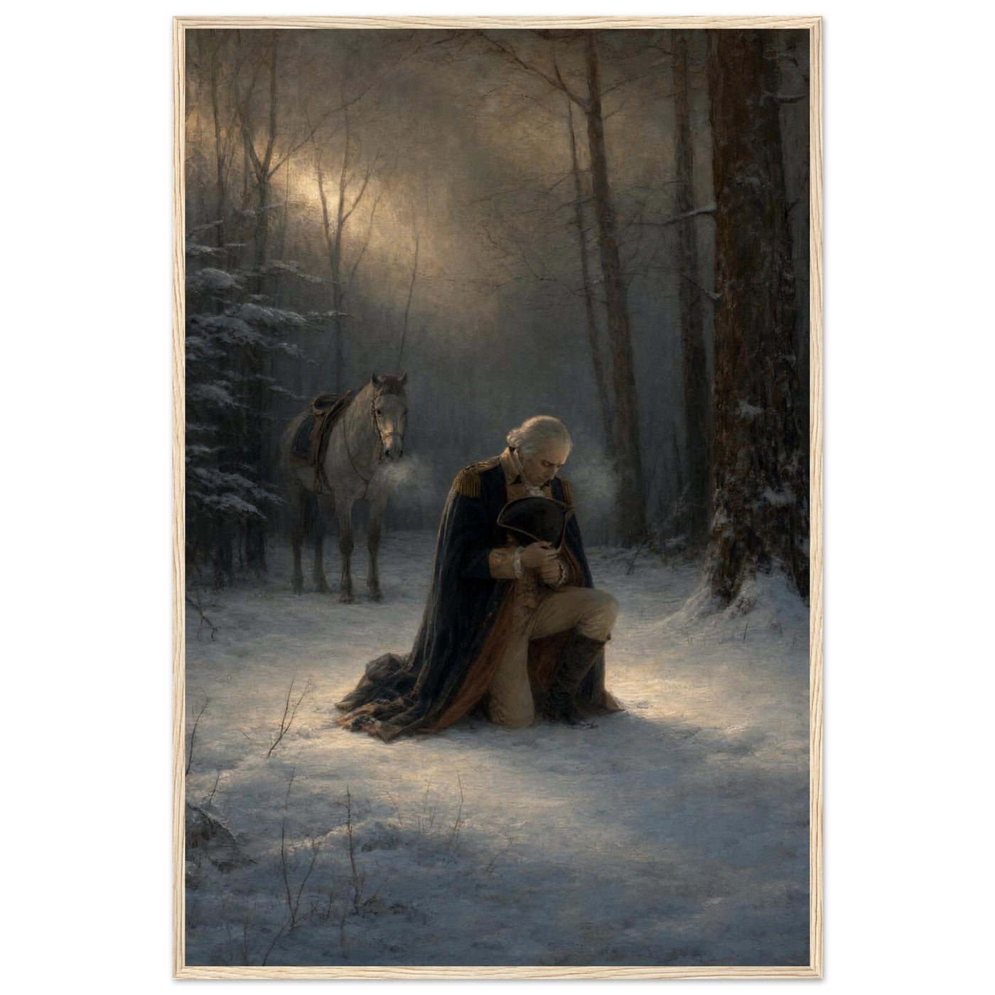 Framed print of Washington praying in the snow at Valley Forge, ready to hang.