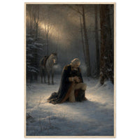 Framed print of Washington praying in the snow at Valley Forge, ready to hang.