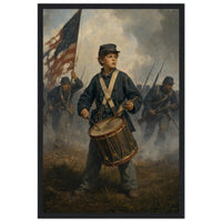 Framed print of a Union drummer boy on the battlefield, ready to hang.