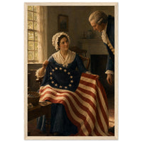 Framed print of Betsy Ross sewing the first American flag, ready to hang.