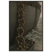 Down the Scramble Nets — framed print of troops climbing a cargo net into a landing craft, 28x40″ in a black frame