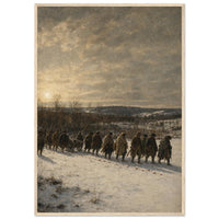 Into Valley Forge, 1777 — framed fine art print of soldiers marching through snow, 12x18″ in a natural wood frame