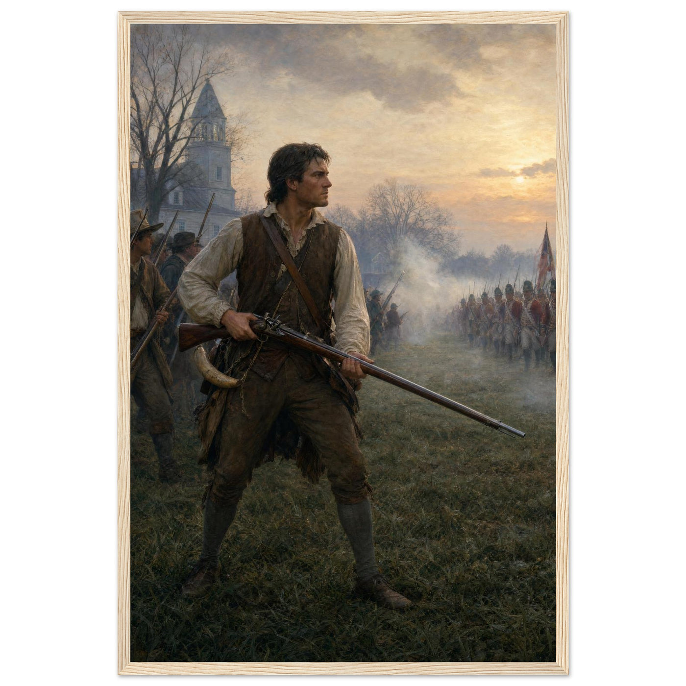 Framed print of a minuteman at the dawn of the Revolution, ready to hang.