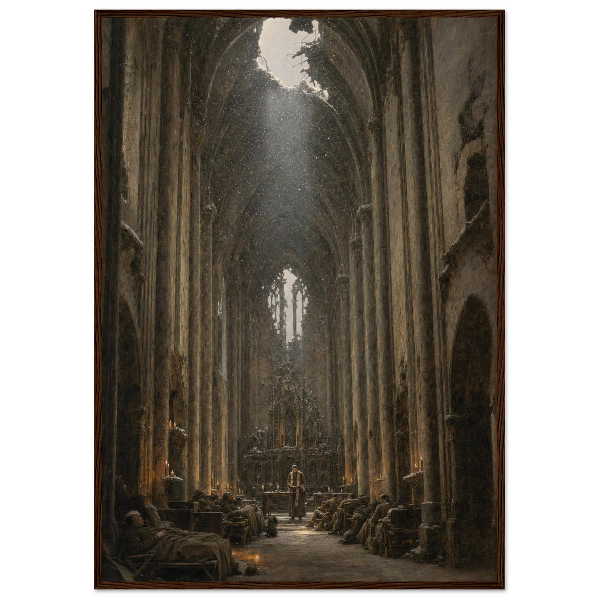 The Vault at Christmas — framed fine art print of soldiers resting in a bombed church nave, 12x18″ in a dark wood frame