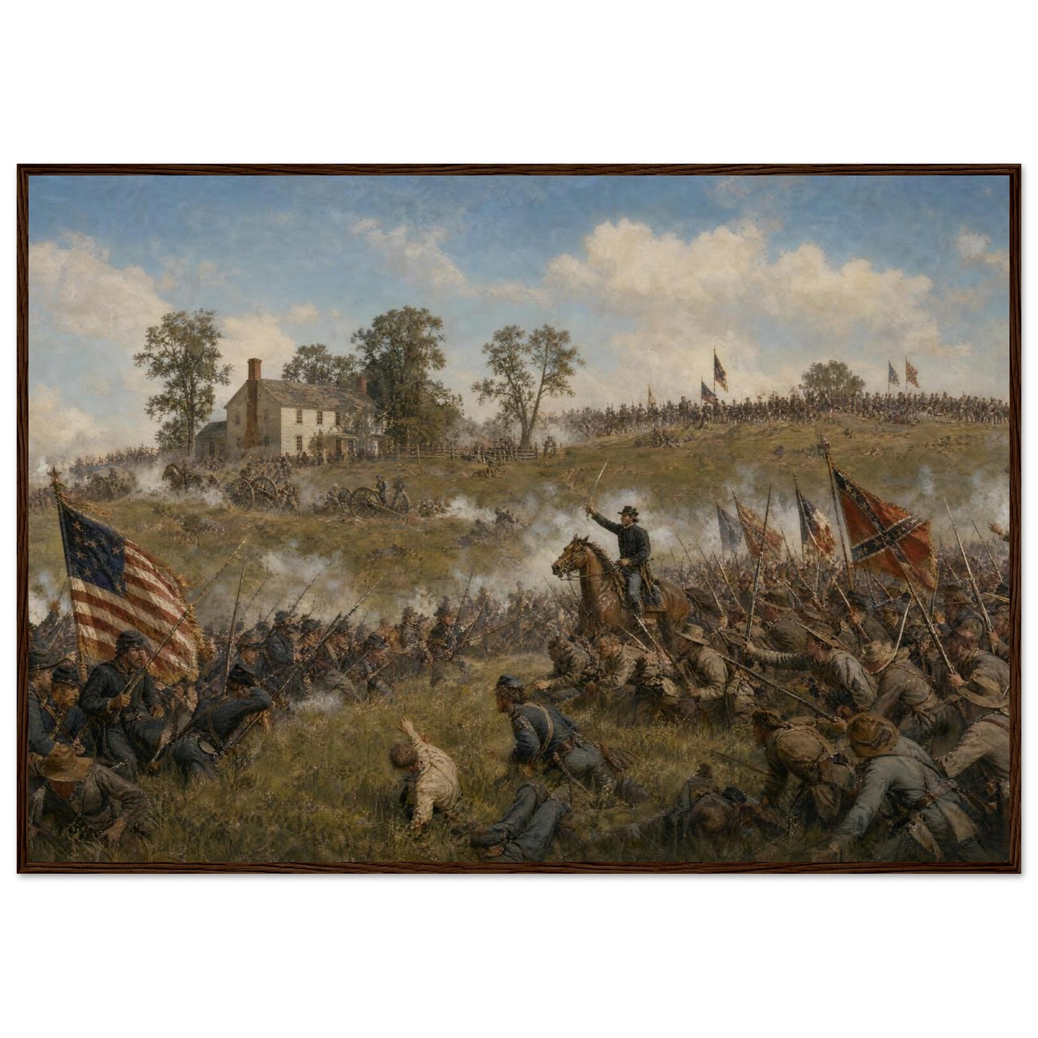 Framed panoramic art print of Confederate troops advancing across the open field during Pickett's Charge at Gettysburg, in a solid wood frame.