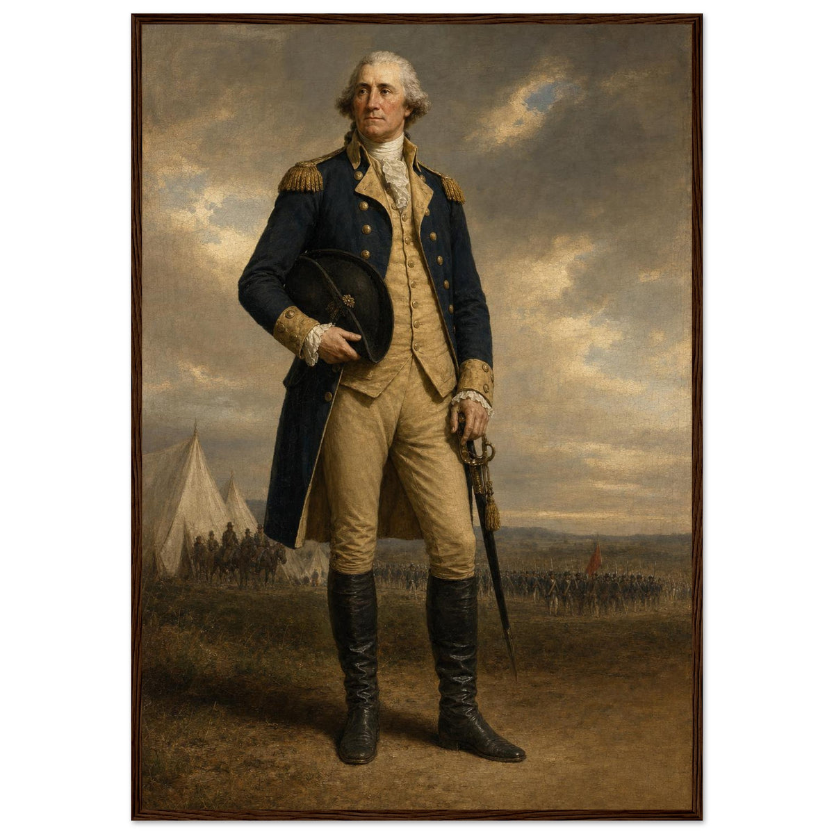 George Washington — The Continental General — framed fine art print of Washington in camp, 12x18″ in a dark wood frame
