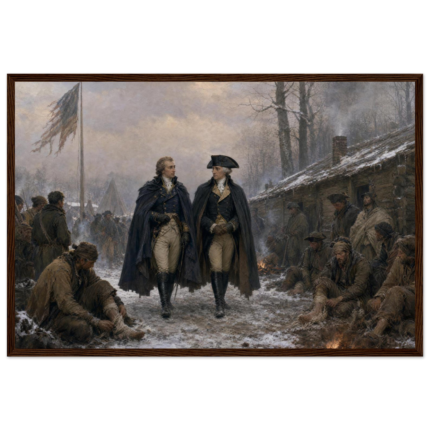 Framed print of Washington in prayer at Valley Forge, ready to hang.