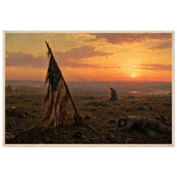 Framed art print of a Confederate flag-bearer silhouetted against a fiery sunset over a battlefield of the fallen, in a solid wood frame.