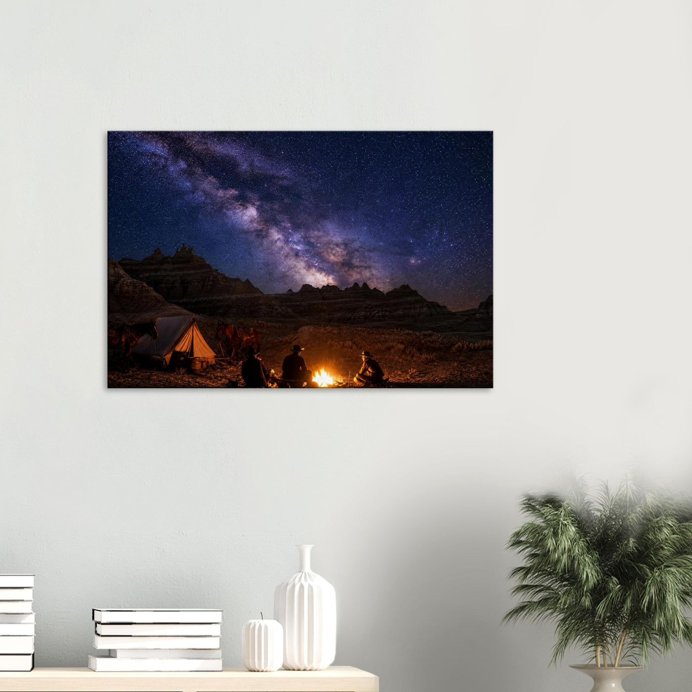 Canvas print of a campfire beneath the Milky Way — room view, ready to hang.