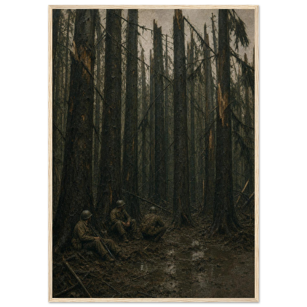 Among the Trunks, Hurtgen — framed fine art print of three GIs in a shattered forest, 12x18″ in a natural wood frame