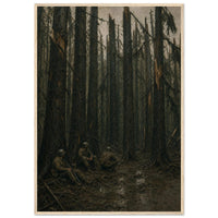 Among the Trunks, Hurtgen — framed fine art print of three GIs in a shattered forest, 12x18″ in a natural wood frame