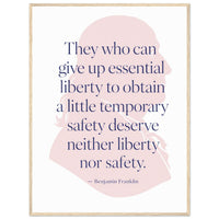 Benjamin Franklin — Neither Liberty nor Safety — framed print of pink profile with quote, 12x16″ in a natural wood frame