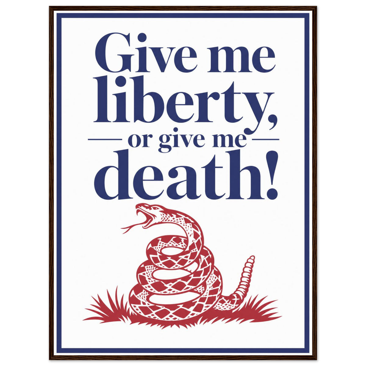 Liberty or Death — The Rattlesnake — framed print of Patrick Henry quote with rattlesnake, 12x16″ in a dark wood frame