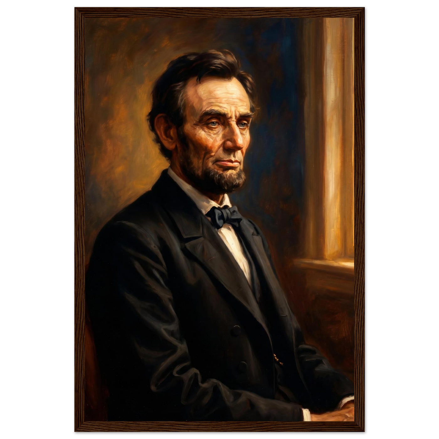 Framed seated portrait of Abraham Lincoln, ready to hang.