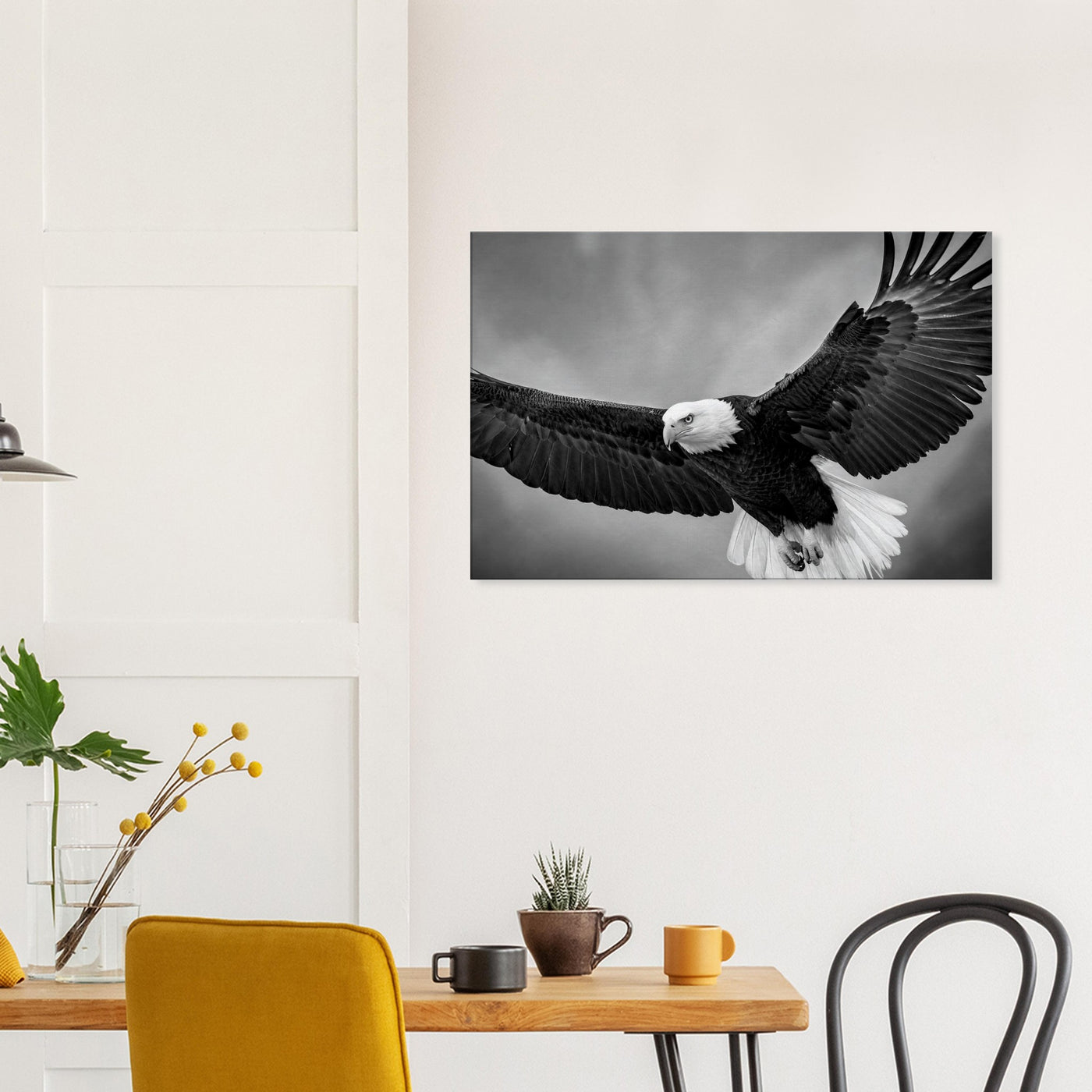 Canvas print of a bald eagle in flight — room view, ready to hang.