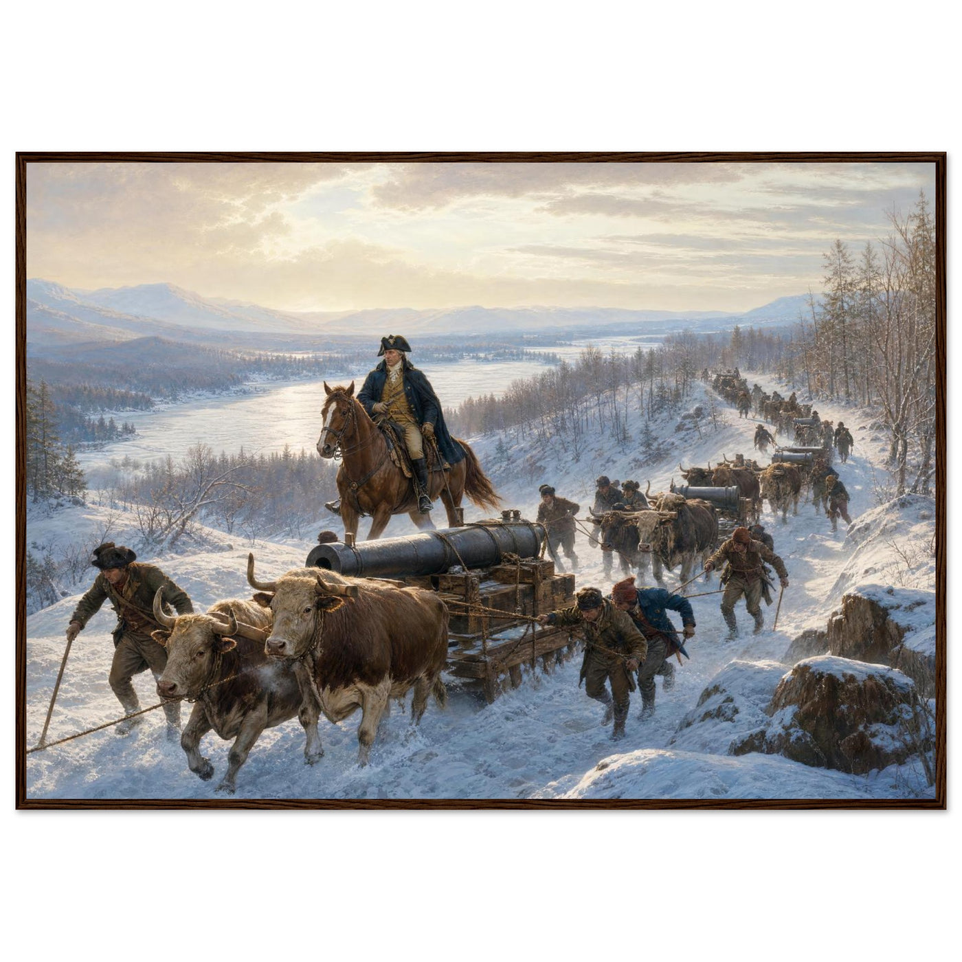 Framed art print of Civil War soldiers and wagons marching through deep snow, in a solid wood frame.