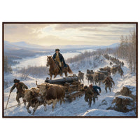 Framed art print of Civil War soldiers and wagons marching through deep snow, in a solid wood frame.