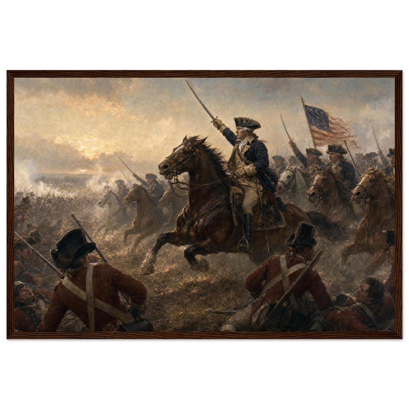Framed print of a Revolutionary cavalry charge with the flag, ready to hang.