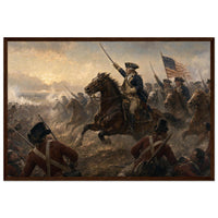 Framed print of a Revolutionary cavalry charge with the flag, ready to hang.
