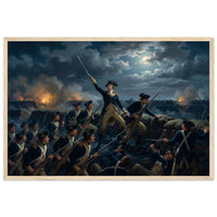 Framed print of the night storming of the redoubt at Yorktown, ready to hang.