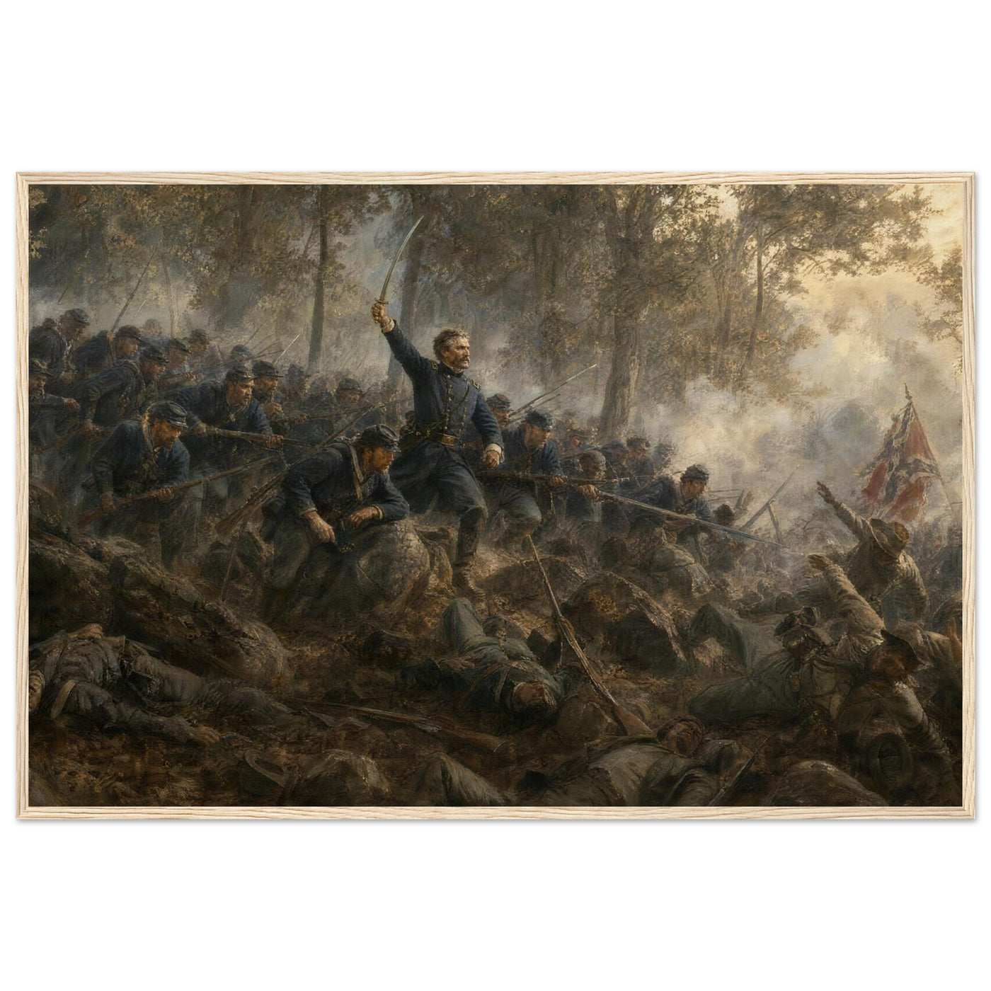 Framed art print of Union infantry charging up a rocky ridge with the colors flying, in a solid wood frame.
