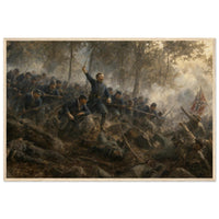 Framed art print of Union infantry charging up a rocky ridge with the colors flying, in a solid wood frame.