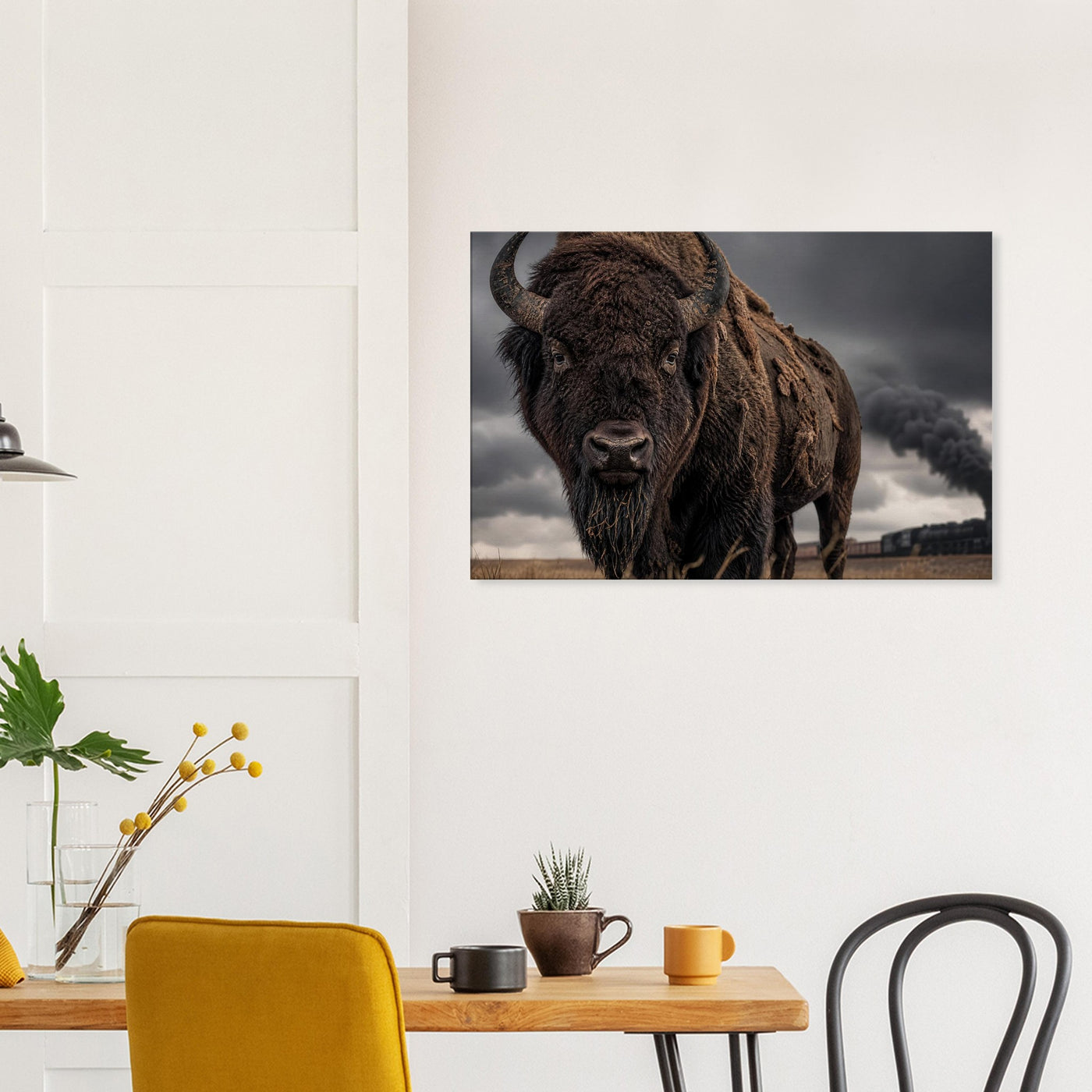 Canvas print of a bison and a train on the plains — room view, ready to hang.