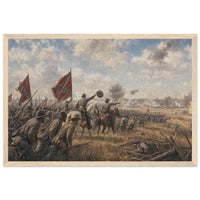 Framed art print of Civil War troops charging across a battlefield beneath a golden dusk sky, in a solid wood frame.